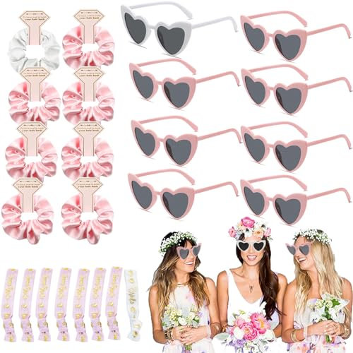 24 Stück JGA Brille Team Braut Haargummi Armbänder, Herz Sonnenbrille Bride Partybrille Set, 8 Herzförmige Brille+8 Bride Haargummi+8 Bride Armband, JGA Deko Accessoires für Junggesellinnenabschied