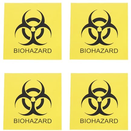 QUARKZMAN Biohazard Aufkleber Warnschild Gelb mit Schwarzen Worten Warnetikett 100mmx100mm für Industrie 4 Stück.
