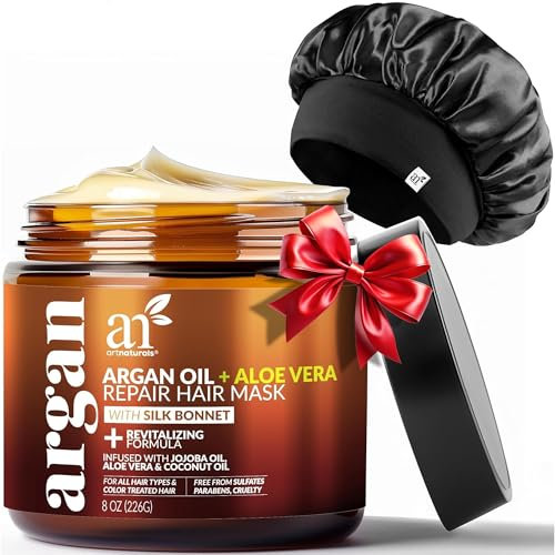 Artnaturals Argan Hair Mask Conditioner + Satin Bonnet Set - (8 Oz/226g) - Deep Conditioning Treatment - Jojoba Oil, Aloe & Keratin - Repair Dry, Damaged, Color Treated, Hair Growth - Sulfate Free