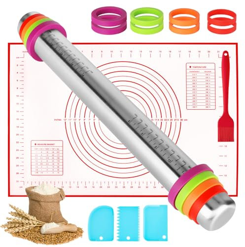 KIMIGO Rouleau à Pâtisserie Antiadhésif,Rouleau à Pâtisserie en Acier Inoxydable,Rouleau à Pâtisserie Réglable En Acier Inoxydable Avec Anneau,avec Tapis de Cuisson pour Pâtisserie à Rouler Pâte
