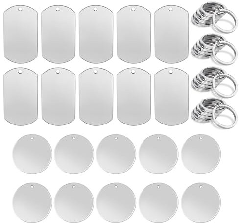 Zasvec Edelstahl Anhänger Blanko 20 Stück Flach Rund Blank Stamping Tag Stanzen Rohlinge mit Spaltring Hundemarken mit Loch Stanzrohlinge für DIY