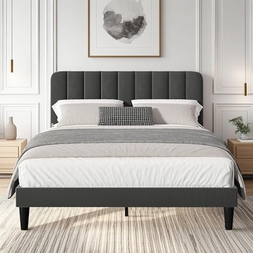VECELO Double Size Bed Frame, 4ft6 Upholstered Velvet Platform with Adjustable Headboard, Wood Slat Support, Mattress Foundation, No Box Spring Needed, Noise-free, Dark Grey