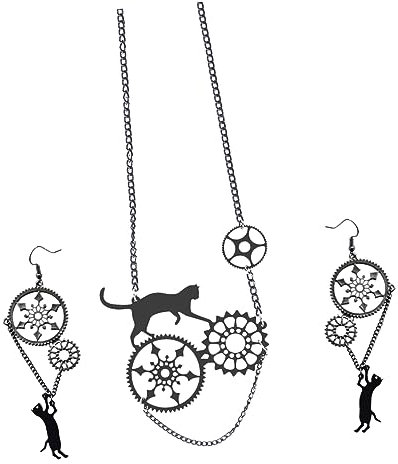 Holibanna 1 Set Black Cat Gear Earring Necklace J Necklace for Women Cat Drop Earrings Gear Pendant Necklace Elegant Necklace Earrings Black Earrings for Women Orrous Ear Drops Necklaces