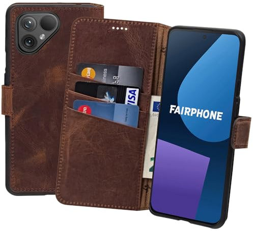 Suncase Book-Style Hülle kompatibel mit Fairphone 4 Leder Tasche (Slim-Fit) Lederhülle Handytasche Schutzhülle Case mit 3 Kartenfächer in antik-Coffee