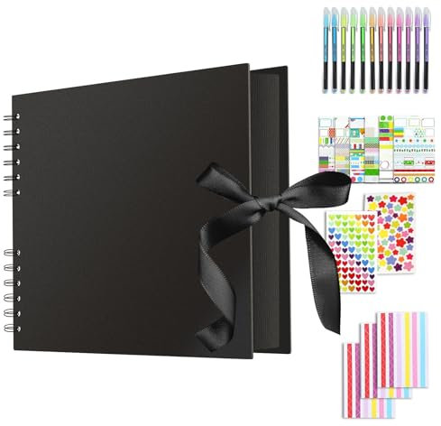 Fotobuch zum Selbstgestalten A4, 80 Seiten Schwarzes Erinnerungsbuch, DIY Scrapbook Album mit Zubehör, Fotoalbum zum Einkleben für Hochzeit Geburtstag Baby (Schwarz)