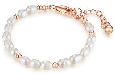 Lulu & Jane Damen Armband aus Messing mit barock Süßwasser-Zuchtperle ca. 5,5-6,5 mm Perlenarmband weiß roségold