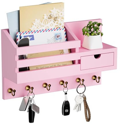 Restorgan Schlüsselablage - Schlüsselbrett mit 6 Haken und Aufbewahrungsschublade,Wand Schlüsselhaken, Wandregal für Schlüsselanhänger Organizer, für Eingang Wohnzimmer Flur Büro (Rosa)
