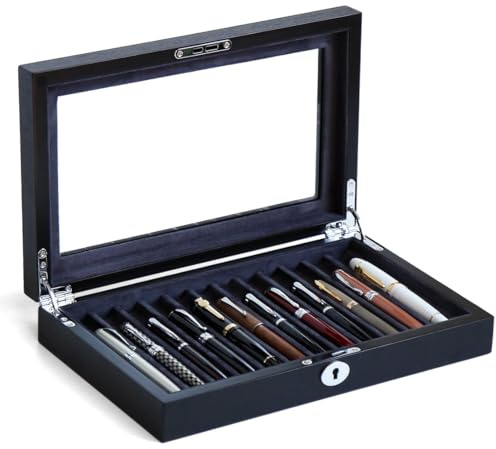Bonaking Wood Pen Display Case with 12 Pens, Fountain Pen Display Box, Lockable Pen Storage Box with Glass Top, Pen Box Organizer, Pen Collection Display Case (Black with Gray Velvet)