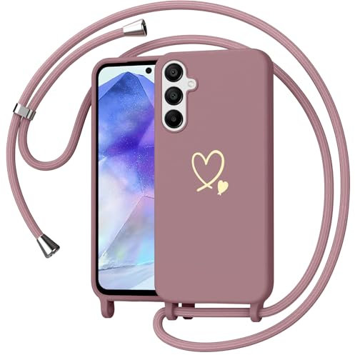 Yichu Coque pour Samsung Galaxy A55 5G avec Cordon, Souple Silicone Liquide Housse avec Collier, Réglable Lanyard Case, Motif Coeur d'amour Antichoc Etui Protection Cover pour Samsung A55, Rose