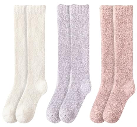 3 Pairs Women's Fluffy Knee High Socks Fuzzy Thigh High Socks Ladies Thick Warm Long Socks Winter Over Knee Socks Extra Long Cosy Bed Socks Leg Warmer Socks Fashion Boot Socks White Pink and Purple