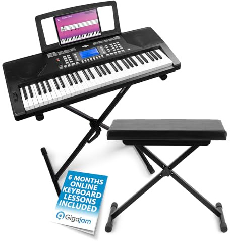 MAX Rhapsody61P Beginner Electronic Music Keyboard with 61 Touch-Sensitive Keys, Pitch Bend, MIDI, 300 Rhythms, Adjustable Double X Stand and Padded Bench Included