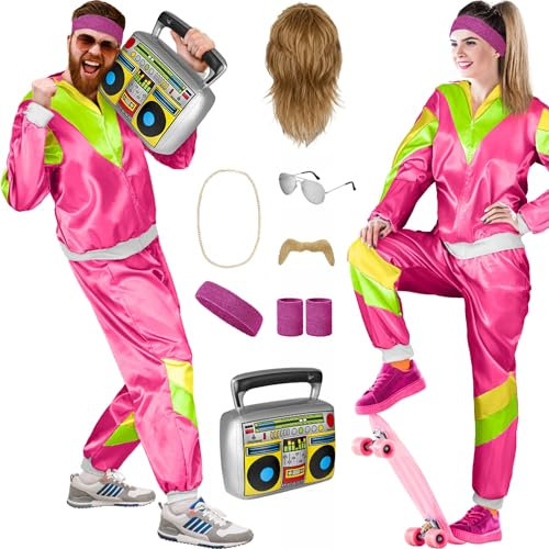 Balinco 80er Jahre Outfit Damen/Herren, Trainingsanzug Karneval Kostüm Set, Vokuhila Perücke, Bart, Kette, Pilotenbrille, Schweißbänder, Ghettoblaster (Pink I Grün I Gelb, L)