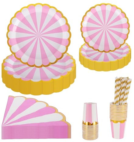 PHUNAT Party Plates Cups and Napkins Set, Includes 7 inch/18cm & 9 inch/23cm Pink Paper Plates, Serving for 25 Guests, Perfect for Parties Events and Celebrations