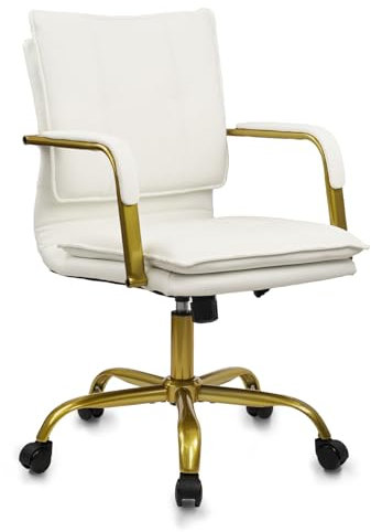 CLATINA Leather Home Office Chair Adjustable Height Executive Chairs with Padded Armrest, Swivel Mid-Back Computer Desk Chair with Gold Legs, Comfy Upholstered Task Chair with Wheels, White