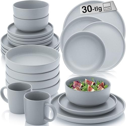 SÄNGER Leeds Sterling | Kombiservice 30 teilig, Steingut Geschirr 6 Personen, 6x Speiseteller 6x Dessertteller 6x Schalen 6x Pastateller 6x Kaffeebecher, Teller Set grau | VALUE COLLECTION