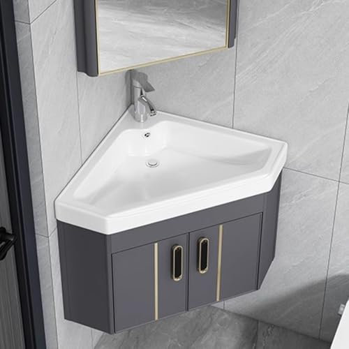 Mueble de baño, Lavabo de Esquina para Pared, Lavabo Flotante de cerámica, Tina con contenedor de Almacenamiento, Aluminio Espacial, para lavandería.