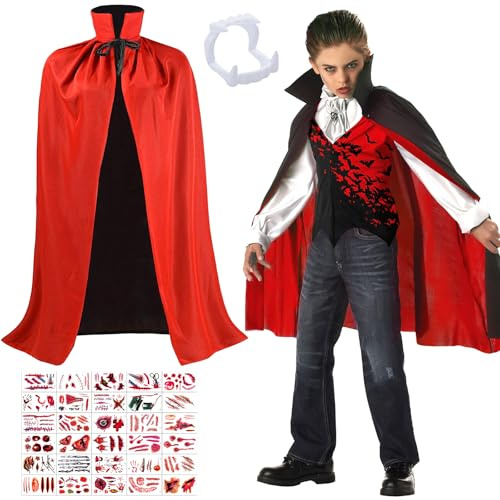 MZJAUVF Cape Vampire, 120cm Deguisement Vampire, Cape Halloween, Noir Rouge Cape Diable Réversible, Dentiers de Vampire, Ensemble de Cape de Diable Effrayant, Vampire Costume pour Halloween Party