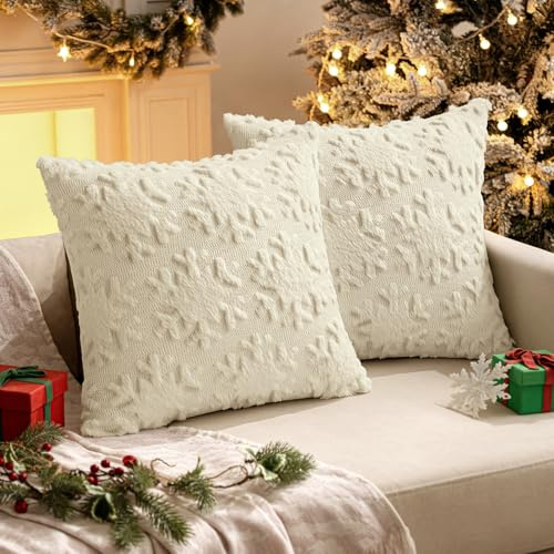 MIULEE Weihnachten Kissenbezug Weihnachtstag 2er Set Kurz Wolle und Samt Kissenbezüge Deko Runde Schneeflocken Luxuriöses Winter Zierkissenbezug für Sofa Schlafzimmer Wohnzimmer Beige, 45x45cm