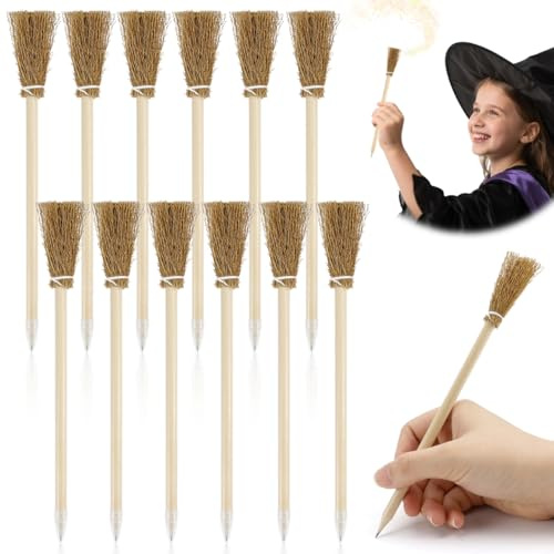 LPZMPZ 12 Stück Hexenbesen Bleistifte Set Hexenbesen Kinder Bleistifte Halloween, Hexen Besen Bleistift, für Hexenparty, Halloween Hexen Zubehör, Halloween Geschenkartikel