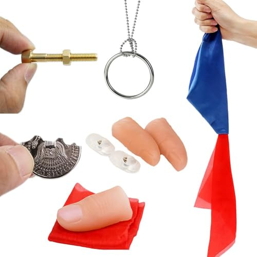 Zauberkasten mit Magische Daumen Lichter, Magischen Ring Kette, Magic Taschentuch, Folding Coin Magic Trick, Magische Schraube, Daumenspitze Zaubertricks für Partys, Straßen, Bars (6-teiliges Set)