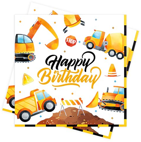 20 Stück Servietten Bagger, Baustelle Servietten für Geburtstag | Servietten Happy Birthday,Fahrzeuge Papierservietten für Jungen Mädchen Geburtstag Party Deko-33 x 33 cm