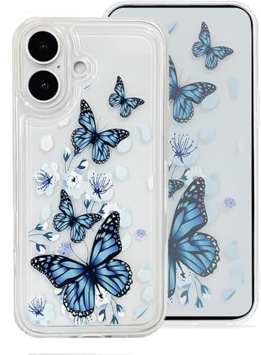 Riccase for iPhone 16 Case Butterfly Pattern Clear Phone Case, Shockproof Transparent Soft TPU Protective Bumper Cover for Women Girls, Blue Butterfly