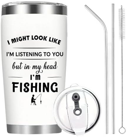 Nodrex Fishing Mug Gift for Men, Stainless Steel Insulated Fishing Cup with Straw Lid, Leakproof Thermal Tumbler for Fisherman Boat Camping Outdoor Use