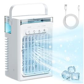 Mini Condizionatore Portatile, Ventilatore con Ghiaccio, 1000 ML Raffrescatore d'Aria con Doppio Motore, 3 Velocità, Nebbia Fredda, Timer 2/4/6H, Luci LED, per Casa, Ufficio