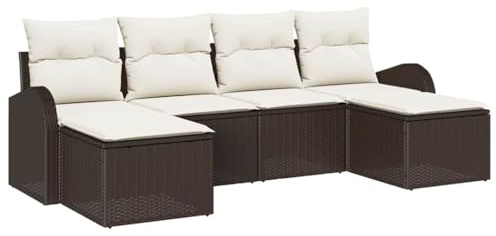 PUGYNBK Modulares Gartensofa Set 6-teilig mit Stauraum, Poly-Rattan Sitzgruppe braun weiß für Terrasse