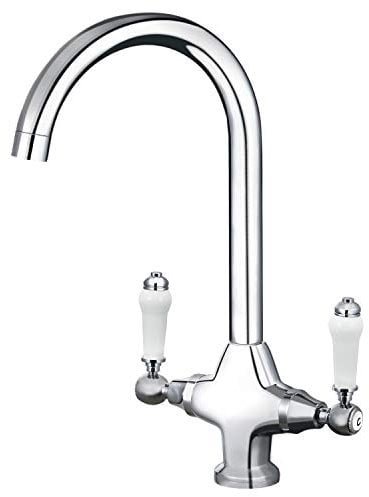 Funime Traditional Kitchen Sink Mixer Tap with Ceramic Dual Lever, Monobloc Kitchen Tap 1 Hole Elegant Brass Chrome Swivel Mono Sink Faucet with Flexible Hoses, Deck Mounted