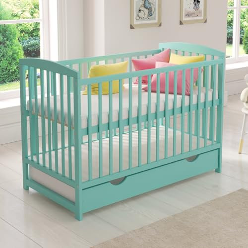 Love For Sleep JACOB Baby Cot Bed 120x60cm with Quilted Microfiber Foam Mattress – Convertible Wooden Toddler Bed with Large Drawer with Anti-Dust Cover, Guard Rail and Teething Rails (Mint)