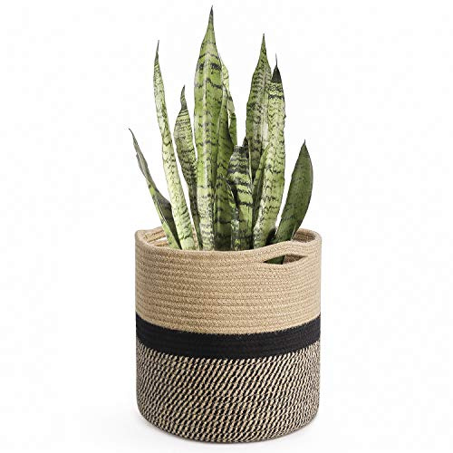 TIMEYARD Sturdy Jute Rope Plant Basket Modern Woven Baskets for 10 Flower Pot Floor Indoor Planters, 11” x 11” Storage Organizer Basket Rustic Home Decor, Black and Beige Stripes