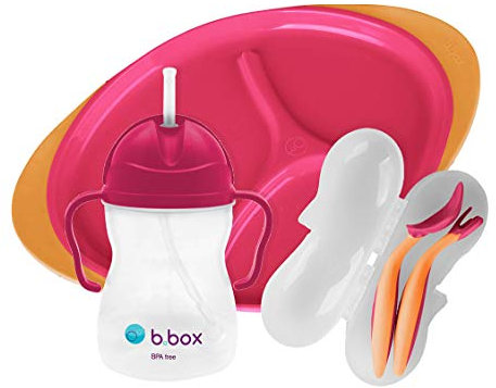 b.box Fütterungs-Set | Silikon-geteilter Teller, Schnabeltasse und 2 weiche Löffel, hilft beim Selbstfüttern, verstellbares Lätzchen, leicht zu reinigen, Erdbeer-Shake