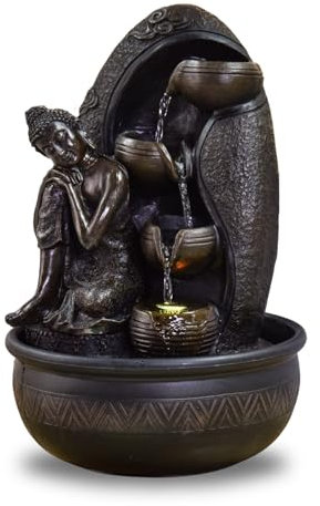 Fontaine d’Intérieur Mur d’Eau Cascade Jarre Statue Bouddha Amovible Lumière LED Coloré, Grand Décoration de Table Bureau Salon, Fontaine Porte-Bonheur au Circuit fermé, H 40cm – Krishna Zen’Light