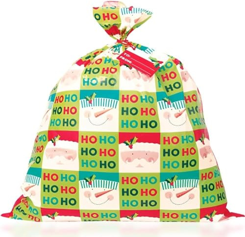Christmas Holly Santa Jumbo Plastic Gift Bag & Tag