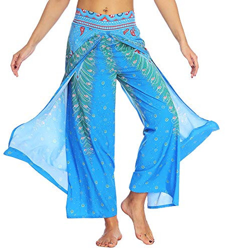 Nuofengkudu Damen Sommerhose Hippie Lange Hosen mit Schlitz Lockere Weites Bein Palazzo Bunt Flowy Yogahose Luftige Elegant Leicht Freizeit Sommer Strand Urlaub(Blau Pfau,Größe M,Etikett S/M)