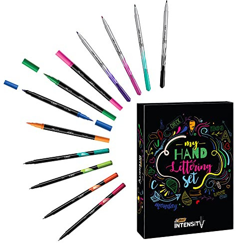 BIC Intensity Handlettering Stifte Set: 12 Filzstifte, 20 dünne Fineliner & 12 Dual Tip Brush Pens, verschiedene Farben