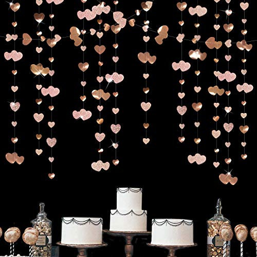 Pink Blume 52Ft Champagner Herz Partyset Doppelseitig Metallisches Papier Banner Streamer für Verlobung Jahrestag Hochzeit Valentinstag Brautparty Dekoration