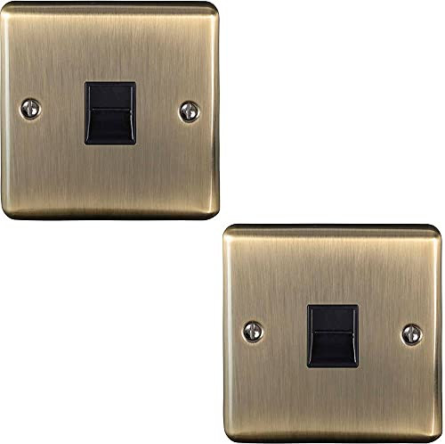 2 PACK | BT Telephone Slave Extension Socket -ANTIQUE BRASS & Black Trim- Secondary Line Wall Face Plate – Flush or Surface Mounted Phone Plug – 1 Gang Decorative Metal Plate