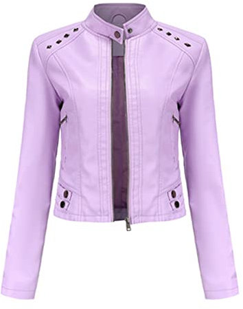 Giacca corta da donna in pelle PU manica lunga top donna sottile stand collare moda giacca. viola-XL