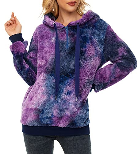 Durio Hoodie Damen Oversize Kapuzenpullover Decke Hoodie Teddy Fleece Pullover Übergroßer Sweaterpullover Winter Warm Blau u. Lila Tie Dye L