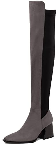Cocey Stivali sexy sopra il ginocchio con fodera in pelliccia sintetica e stivali sopra il ginocchio con tacco a blocco e punta quadrata da donna, grigio., 36 EU