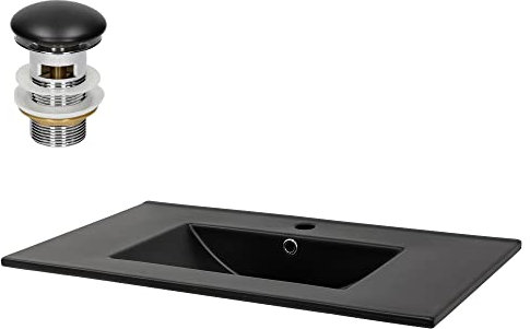 ML-Design Lavabo en Céramique Noir 81x17,5x47 cm avec Garniture de Vidage 1 1/4 Universelle et Trop-Plein, Design Anguleux, Vasque Encastré Moderne, Évier Lave-Mains pour Salle de Bain et Toilettes