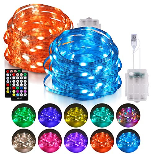 ooklee Colour Changing Fairy Lights LED String Lights with Remote, 16.4FT 2 Pack Twinkle Lights USB Plug or Battery Powered, Outdoor Waterproof Christmas Decorations for Bedroom Wedding Party Indoor