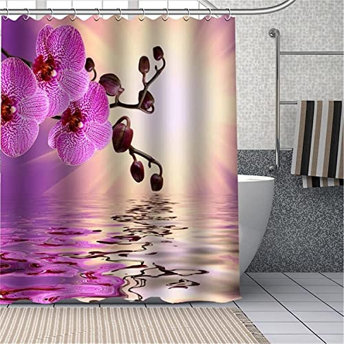 REBELA 3D Duschvorhang 200x200 Orchidee Duschvorhänge Antischimmel Wasserdicht Badevorhang Orchidee Duschrollo für Badewanne Dusche Shower Curtains, 12 Duschvorhang Ringe