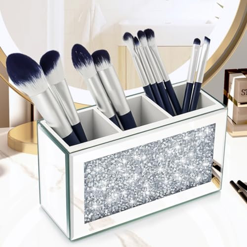 Amezey Verspiegelter Make-up-Pinselhalter, Organizer, 3 Fächer, Kosmetikpinsel-Aufbewahrungshalter, zerkleinerter Diamant-Fernbedienungshalter, Stift- und Bleistifthalter für Schreibtisch,