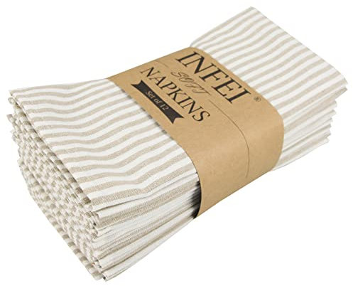 INFEI Weich Einfach Gestreift Baumwoll-Leinen gemischt Abendessen Cloth Servietten, 12 Stück (40 x 30 cm), für Veranstaltungen und den Heimgebrauch (Beige)