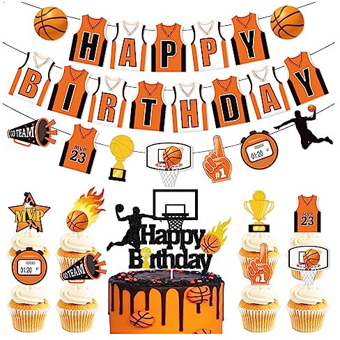 Daimay Basketball Party Dekorationen Happy Birthday Banner Kuchen Topper Slam Dunk Alles Gute zum Geburtstag Party Zubehör Geburtstagstorte Girlande Tortendeko für Basketballfans Dekorationen - NB1