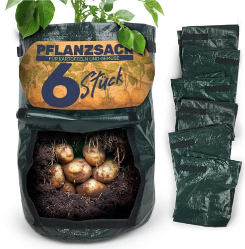 Gravidus Kartoffel Pflanzsack 40 Liter – Einfacher Gemüseanbau, Ösen gegen Staunässe, praktischer Handgriff und Folienklappe, aus strapazierfähigem Kunststoff (Grün, Ø 30 x 43 cm) (6 Stück)