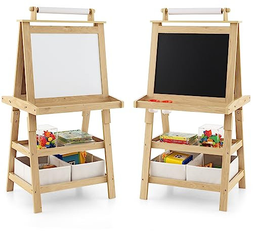 DREAMADE doppelseitige Kinder Staffelei aus Holz, Kinderstaffelei mit Ablage, Kindertafel mit Papierrolle Whiteboard und Kreidetafel, inkl. 2 Stoffboxen (Natur)